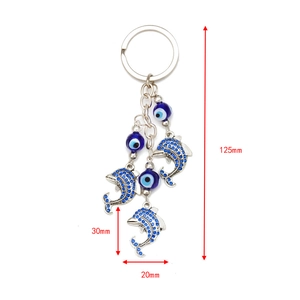 Detailed view of silver dolphin keychain with blue evil eye beads and dimensions 125mm