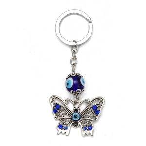 Blue evil eye butterfly keychain with rhinestones and silver metal ring on white background
