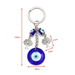 Blue Evil Eye keychain with silver Tree of Life pendants and dimensions marked