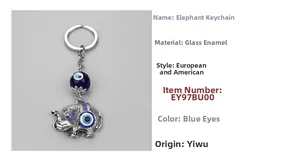Detail of silver alloy elephant keychain with blue crystal inlay and evil eye glass bead
