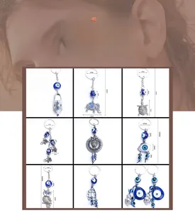 Detailed grid of Evil Eye charms featuring elephant, owl, and turtle alloy pendants