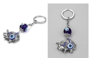 Dual view of elephant keychain with Turkish blue evil eye beads and silver metal texture