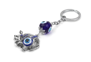 Macro detail of elephant keychain with Turkish evil eye and blue rhinestones