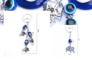 Detailed view of evil eye elephant keychain with precise dimensions and lobster clasp