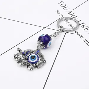 Vintage Alloy Elephant Keychain With Blue Evil Eye Glass Bead Rhinestone Ethnic Style Car Key Ring Pendant For Gift