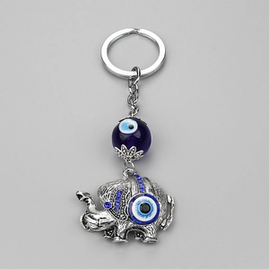 Silver elephant keychain with Turkish blue evil eye beads and sparkling crystals