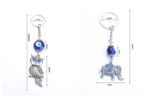 Detailed size specifications for evil eye owl and elephant pendant keychains