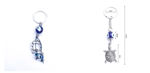 Detailed view of evil eye lucky charm keychains with horseshoe and turtle pendants