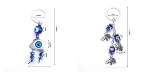 Detail view showing dimensions of Evil Eye keychains with metal elephant charms
