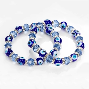 Ensemble de bracelets œil bleu et perles en cristal avec séparateurs en strass argent