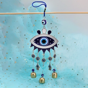 Blue Turkish evil eye wind chime keychain with Fatima hand and golden bells hanging decor