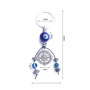 Silver evil eye keychain with compass pendant and blue beads, overall length 109mm