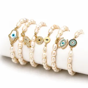 Bracelet Charm Bohémien en Perle d'Eau Douce Mauvais Œil Main de Fatma Femme Strass Amulette Protection Bijoux Élastiques