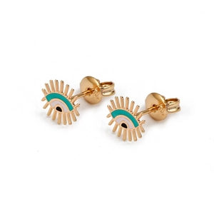 Exquisite 18K gold evil eye stud earrings with green enamel and pink pupil detailing