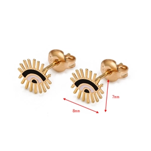 Macro detail of gold evil eye stud earrings with enamel finish and size markings