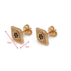Detail view of gold Evil Eye stud earrings showing 12mm by 8mm size dimensions