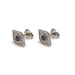 Detailed macro view of S925 silver Evil Eye stud earrings with blue crystal inlay