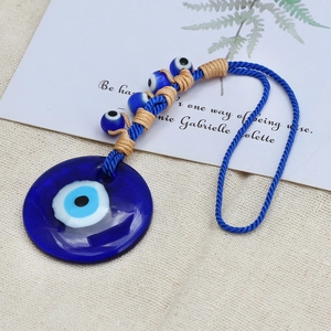 Turkish Evil Eye glass pendant with blue handmade braided rope and small decorative beads