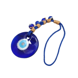 Traditional Turkish Evil Eye glass talisman with blue woven rope and eye bead charms