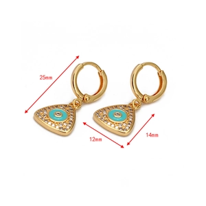 Detailed view of gold evil eye earrings with size dimensions 25mm in length and 12mm width