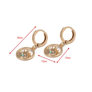 Evil Eye drop earrings in gold finish with 25mm height and 12mm diameter size specs