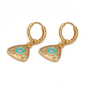 Detailed view of gold triangular evil eye hoop earrings with sparkling zircon inlay