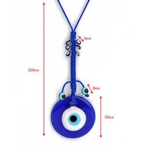 Détail avec dimensions du pendentif œil grec en verre de 300mm et perles bleues