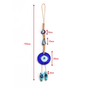 Detailed view of Evil Eye charm dimensions featuring blue beads and 195mm total length