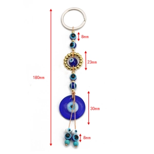 Detailed size specifications for Evil Eye keychain pendant with turquoise blue beads