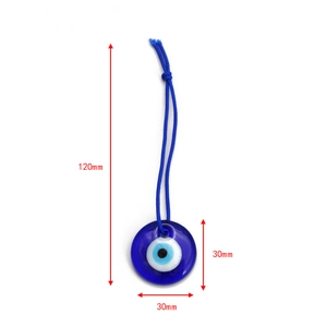 Detailed view of blue Evil Eye glass pendant showing 30mm diameter and 120mm length