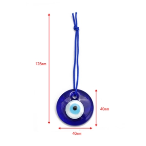 Blue glass Evil Eye hanging ornament with dimensions showing 125mm length and 40mm width
