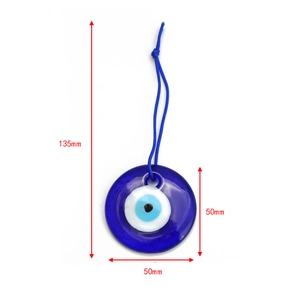 Detailed view of evil eye glass charm with dimensions 50mm diameter and 135mm total length