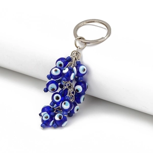 Evil Eye bead keychain with blue Nazar glass charms and silver ring for car or door decor