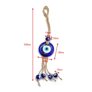 Evil Eye glass pendant hanging ornament with braided hemp rope and 40mm blue bead detail