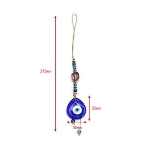 Detail showing 215mm length and dimensions of the glass Evil Eye wall hanging ornament