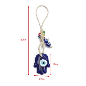 Blue glass Evil Eye Hamsa pendant measuring 160mm total length for home and office decor
