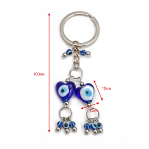 Porte-clés cœur mauvais œil bleu, longueur 100mm avec pendentifs en verre 15mm