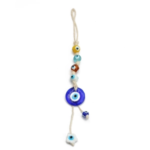Close-up of Turkish Evil Eye glass charm with Hamsa Hand and woven white rope detail