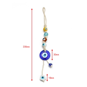 Detail view of Evil Eye glass ornament with dimensions 230mm length and 30mm disc size
