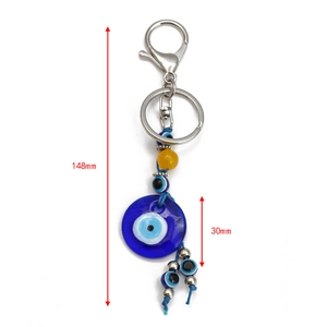 Porte-clés œil bleu avec pendentif en verre et perles jaunes pour voiture, longueur 148mm