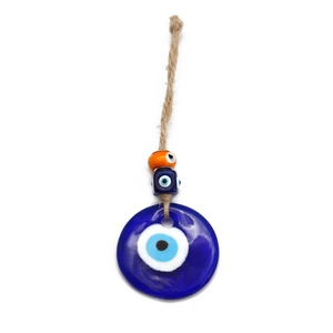 Classic blue glass Evil Eye pendant with hemp rope and decorative Turkish nazar beads