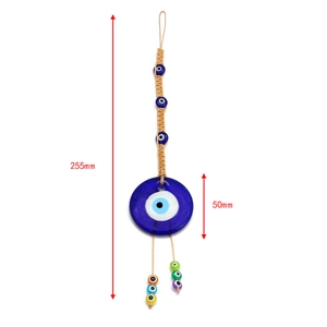 Evil eye glass pendant wall hanging with woven rope showing 50mm and 255mm dimensions