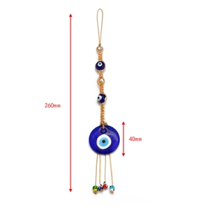 Detail view of Evil Eye glass pendant showing 260mm total length and 40mm diameter