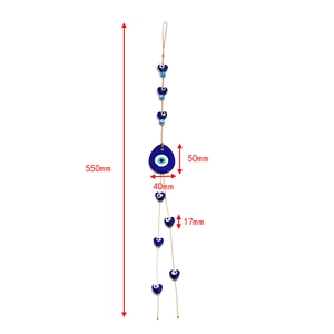 Detailed view of the blue Evil Eye glass pendant dimensions with jute rope string