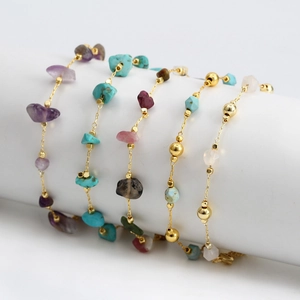 Bohemian Natural Crushed Stone Bracelet For Women Gold Plated Copper Chain Amethyst Turquoise Beads Adjustable Jewelry