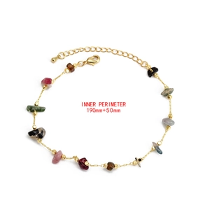 Detail view of colorful natural stone chain with gold beads and length specifications