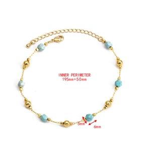 Detail showing gold link bracelet with blue beads and size measurements annotation