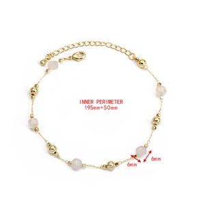 Detail view of 6mm pink faceted beads on a gold-plated adjustable chain bracelet