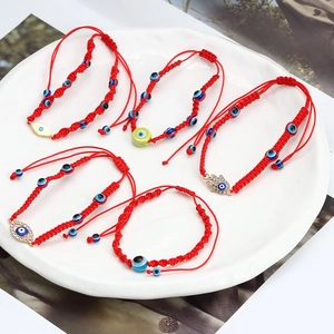 Set of 5 handmade red braided evil eye bracelets with hamsa hand gold charms