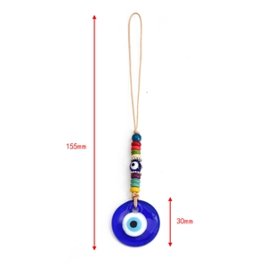 Detail view of a 30mm blue glass Evil Eye pendant with colorful beads on a woven rope